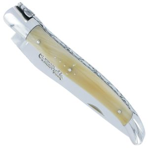 Couteau Laguiole en Aubrac 1 pièce 12cm Pointe de Corne 2 Mitres Inox Brillant Platines et Ressort Guillochés Finition Brillante