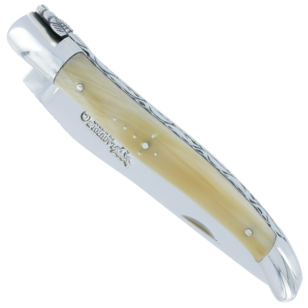 Couteau Laguiole en Aubrac 1 pièce 12cm Pointe de Corne 2 Mitres Inox Brillant Platines et Ressort Guillochés Finition Brillante