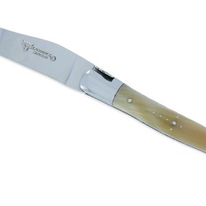 Couteau Laguiole en Aubrac 1 pièce 12cm Pointe de Corne 2 Mitres Inox Brillant Platines et Ressort Guillochés Finition Brillante