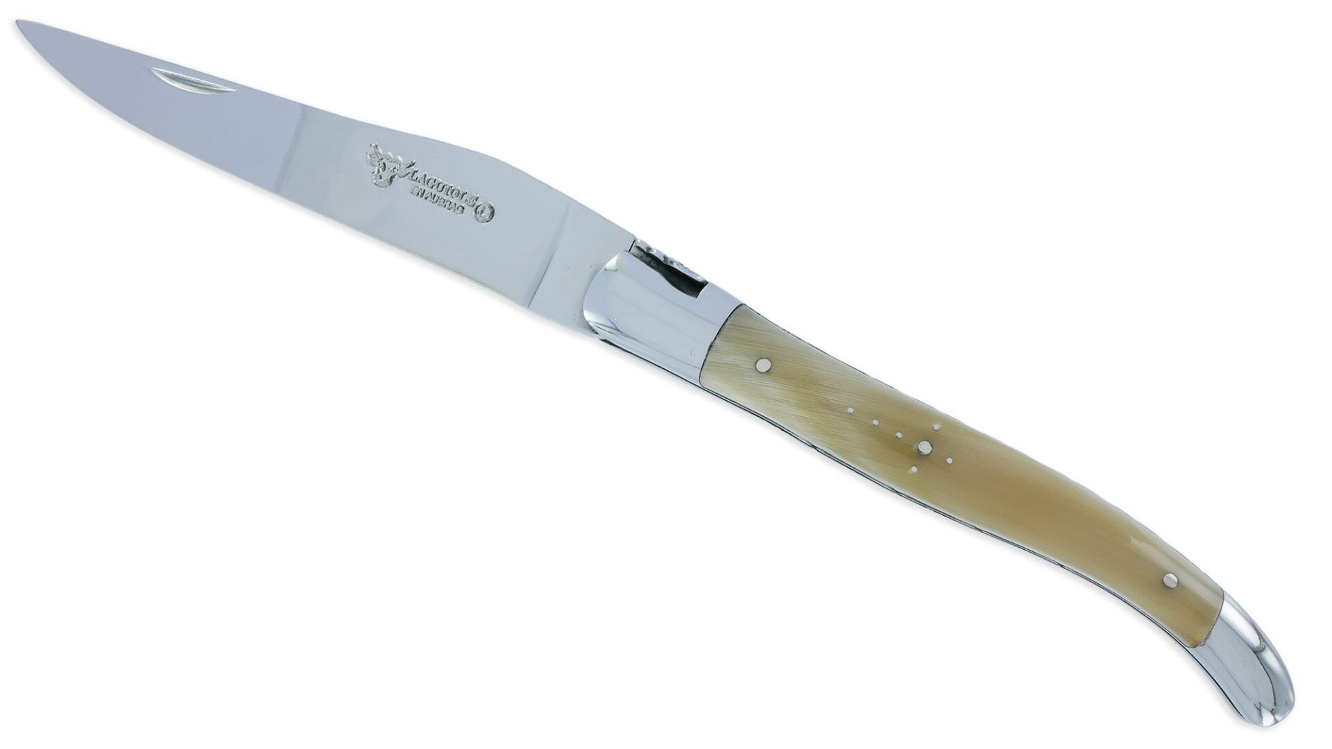 Couteau Laguiole en Aubrac 1 pièce 12cm Pointe de Corne 2 Mitres Inox Brillant Platines et Ressort Guillochés Finition Brillante