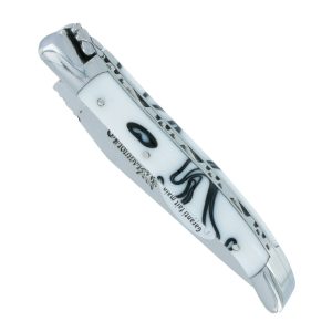 Laguiole en Aubrac Knife Marshmallow White 1 pièce Acrylic Handle 2 Bolsters Shiny Stainless Steel 10 cm