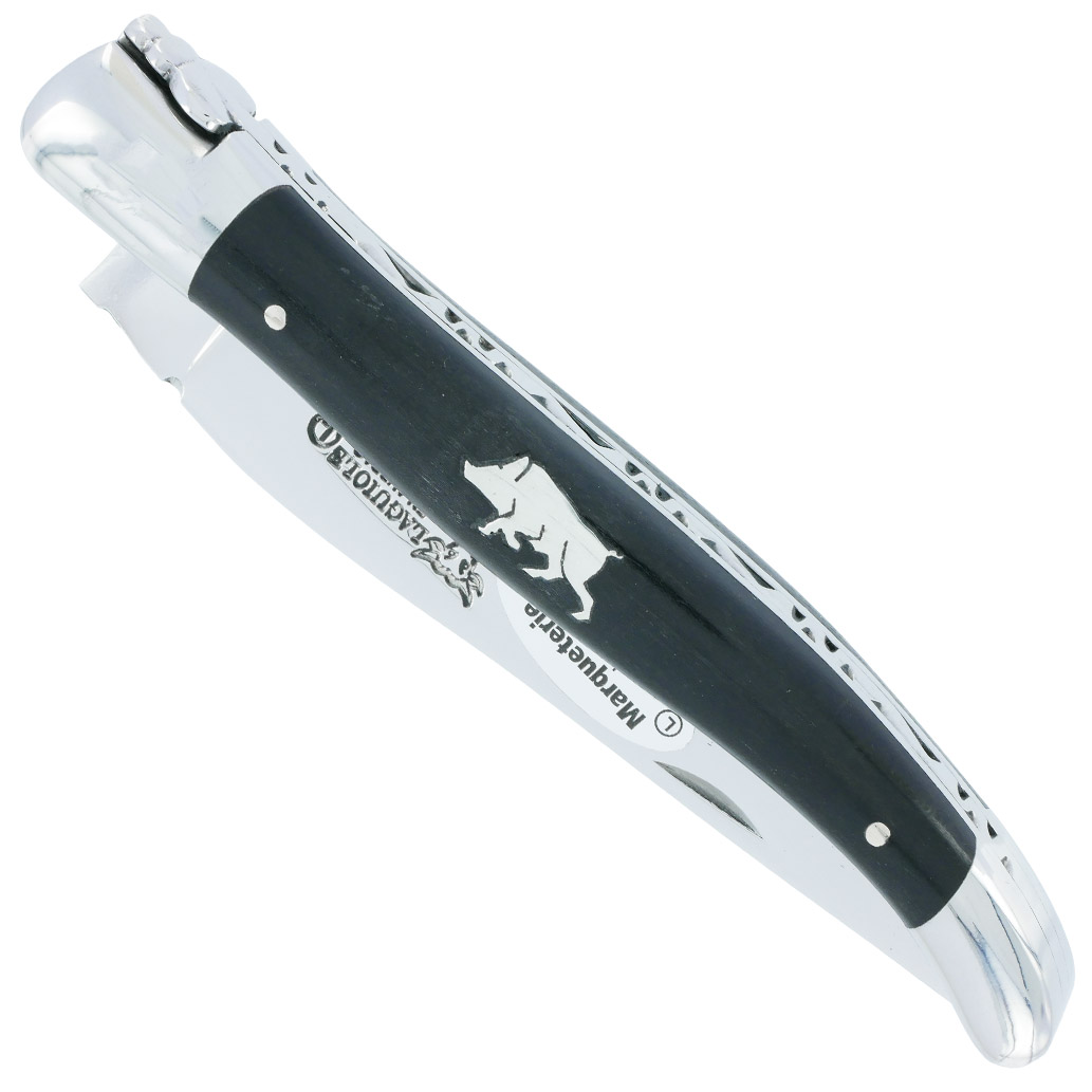 Couteau Laguiole en Aubrac 1 Pièce Manche Ebène Marqueterie Sanglier Etain 2 Mitres Inox Brillant 12 cm