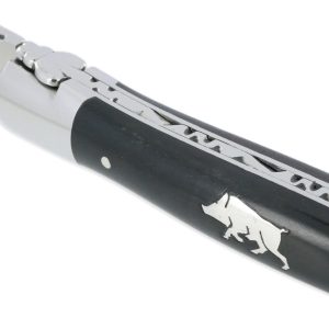 Couteau Laguiole en Aubrac 1 Pièce Manche Ebène Marqueterie Sanglier Etain 2 Mitres Inox Brillant 12 cm
