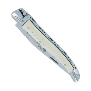 Laguiole en Aubrac Knife 1 pièce Mammoth Ivory Handle with Ebony Spacers 2 Bolsters Shiny Stainless Steel 10 cm