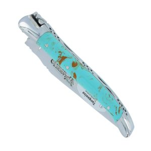 Laguiole en Aubrac Knife 1 pièce Turquoise Handle 2 Bolsters Shiny Stainless Steel 10 cm