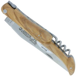 Couteau Laguiole en Aubrac 2 Pièces 12 cm Plein Manche Olivier Finition Brossée avec Tire Bouchon