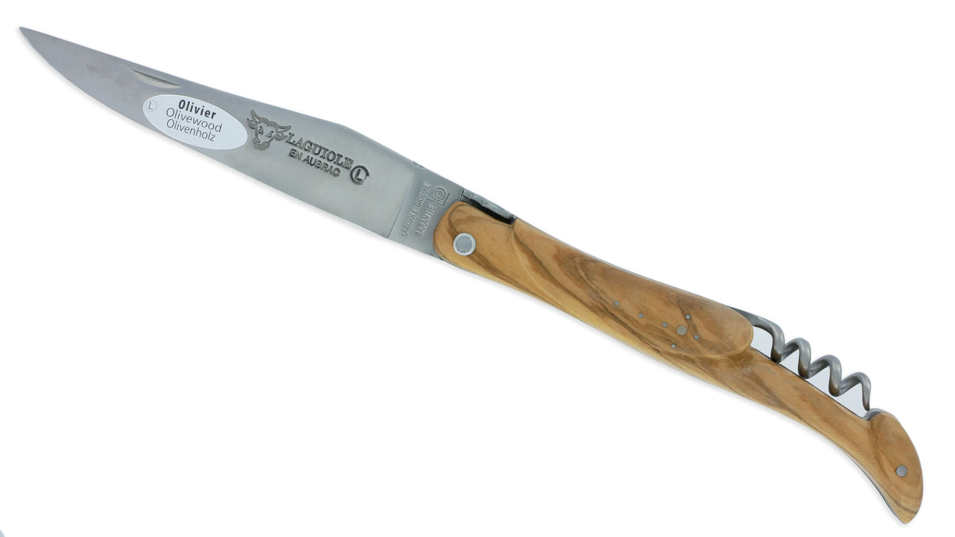 Couteau Laguiole en Aubrac 2 Pièces 12 cm Plein Manche Olivier Finition Brossée avec Tire Bouchon