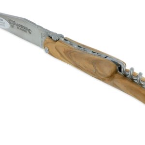 Couteau Laguiole en Aubrac 2 Pièces 12 cm Plein Manche Olivier Finition Brossée avec Tire Bouchon