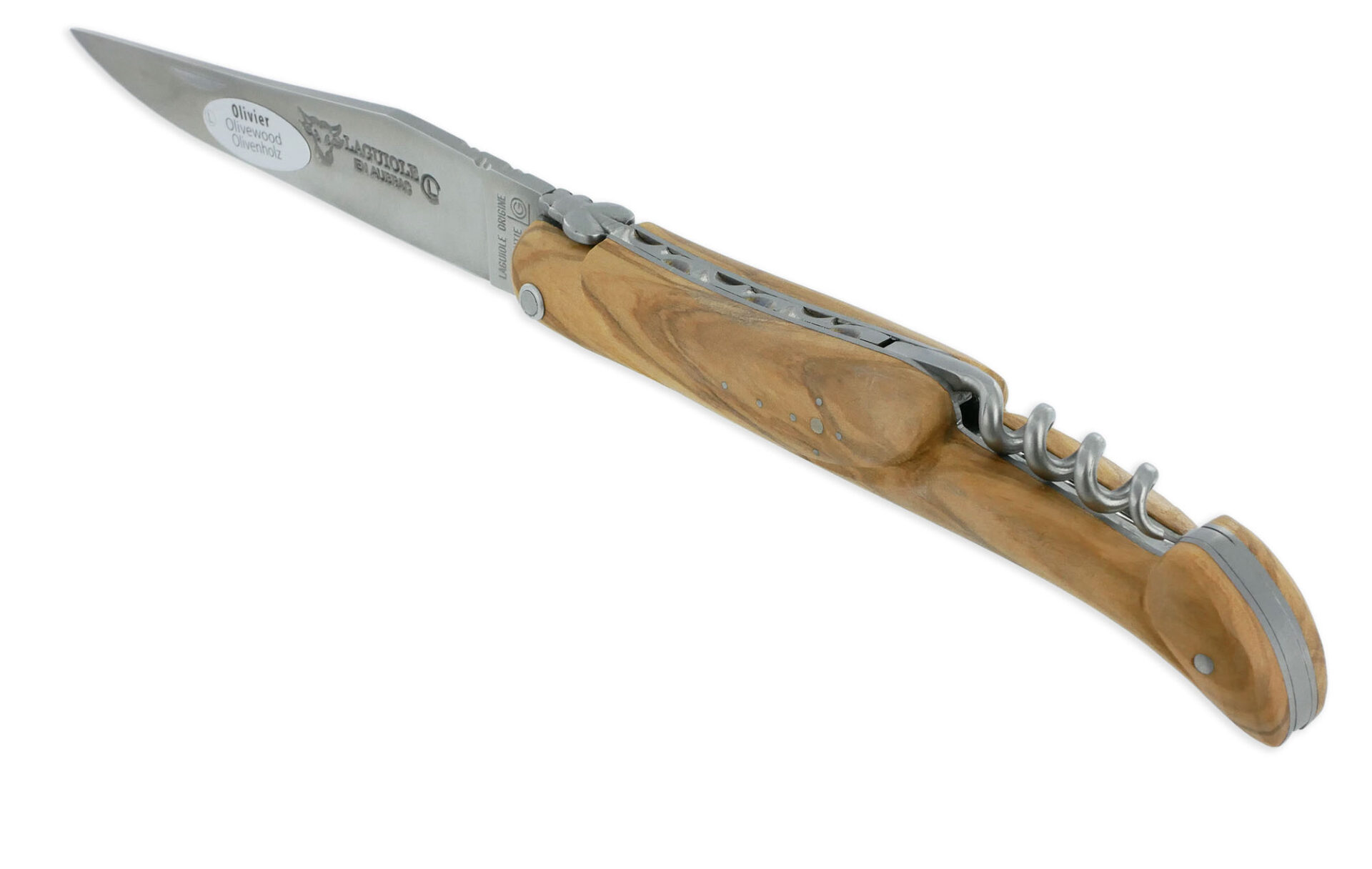 Couteau Laguiole en Aubrac 2 Pièces 12 cm Plein Manche Olivier Finition Brossée avec Tire Bouchon
