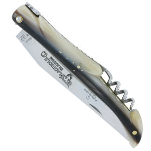 Couteau Laguiole en Aubrac 2 Pièces 12 cm Plein Manche Pointe de Corne avec Tire Bouchon Platines et Rivets Laiton
