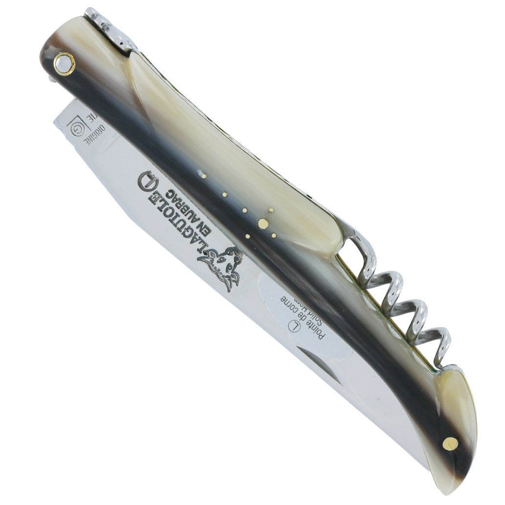 Couteau Laguiole en Aubrac 2 Pièces 12 cm Plein Manche Pointe de Corne avec Tire Bouchon Platines et Rivets Laiton