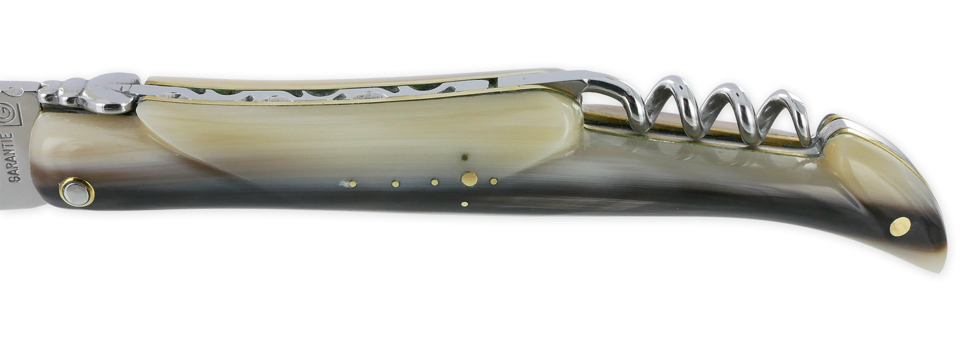 Couteau Laguiole en Aubrac 2 Pièces 12 cm Plein Manche Pointe de Corne avec Tire Bouchon Platines et Rivets Laiton