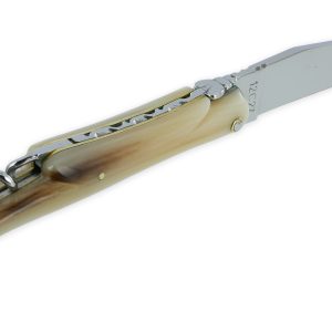 Couteau Laguiole en Aubrac 2 Pièces 12 cm Plein Manche Pointe de Corne avec Tire Bouchon Platines et Rivets Laiton