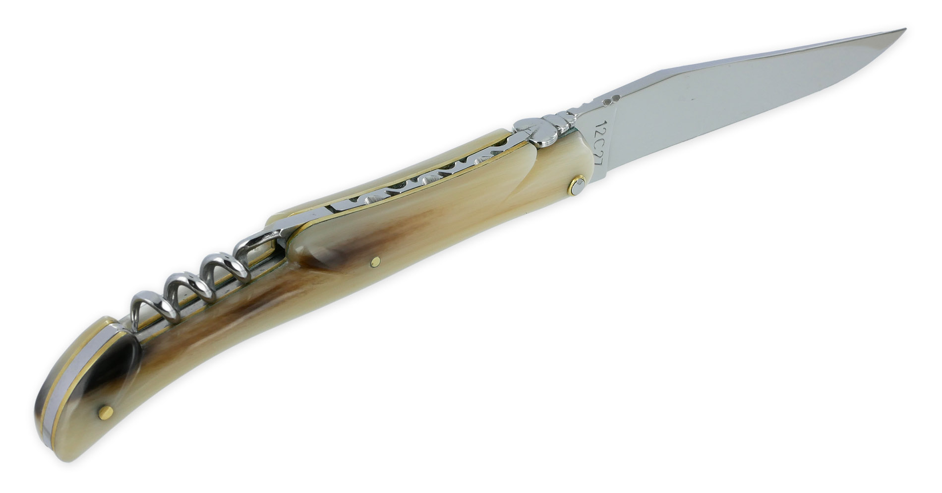 Couteau Laguiole en Aubrac 2 Pièces 12 cm Plein Manche Pointe de Corne avec Tire Bouchon Platines et Rivets Laiton