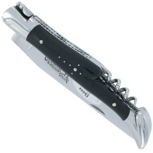 Couteau Laguiole en Aubrac 2 pièces 12cm avec Tire Bouchon Manche Ebène 2 Mitres Inox Brillant Double Platines