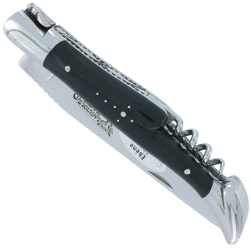 Couteau Laguiole en Aubrac 2 pièces 12cm avec Tire Bouchon Manche Ebène 2 Mitres Inox Brillant Double Platines