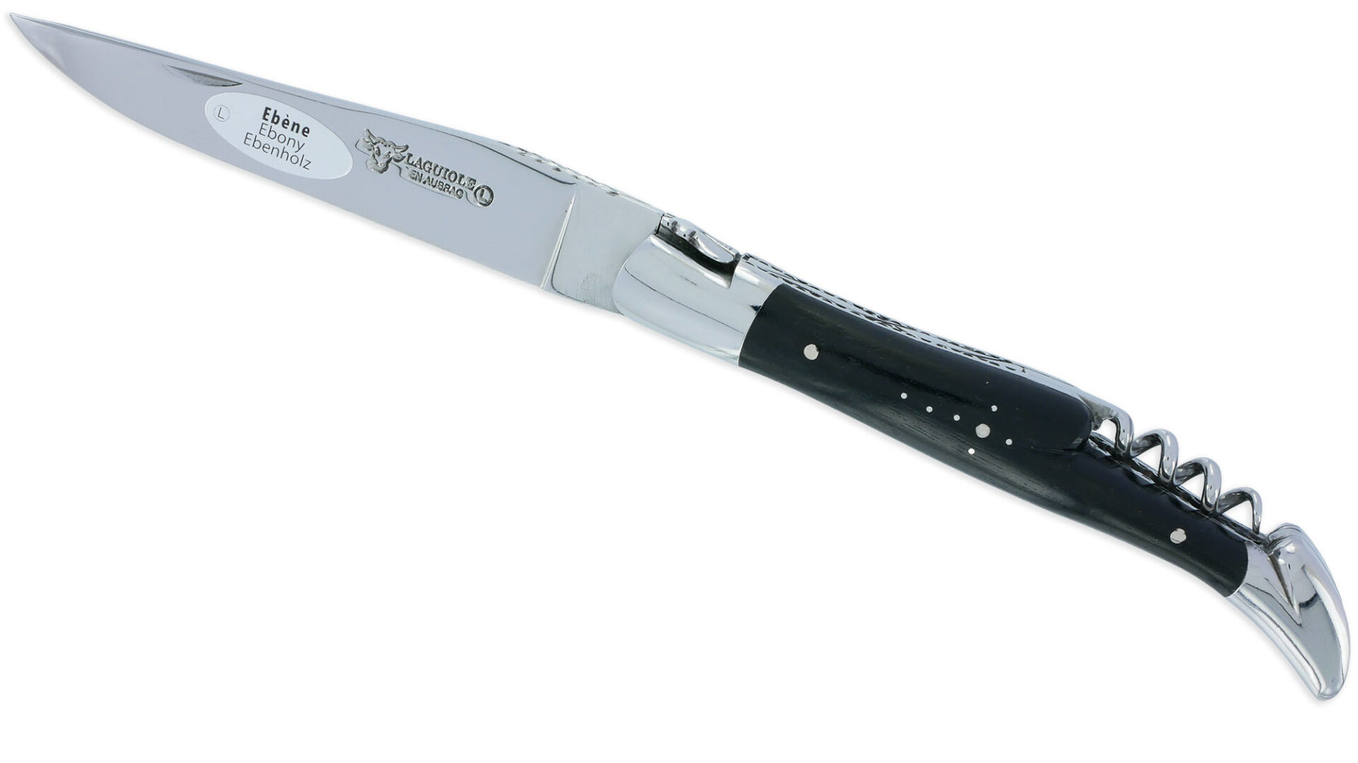 Couteau Laguiole en Aubrac 2 pièces 12cm avec Tire Bouchon Manche Ebène 2 Mitres Inox Brillant Double Platines