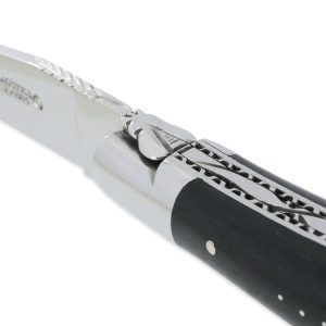 Couteau Laguiole en Aubrac 2 pièces 12cm avec Tire Bouchon Manche Ebène 2 Mitres Inox Brillant Double Platines