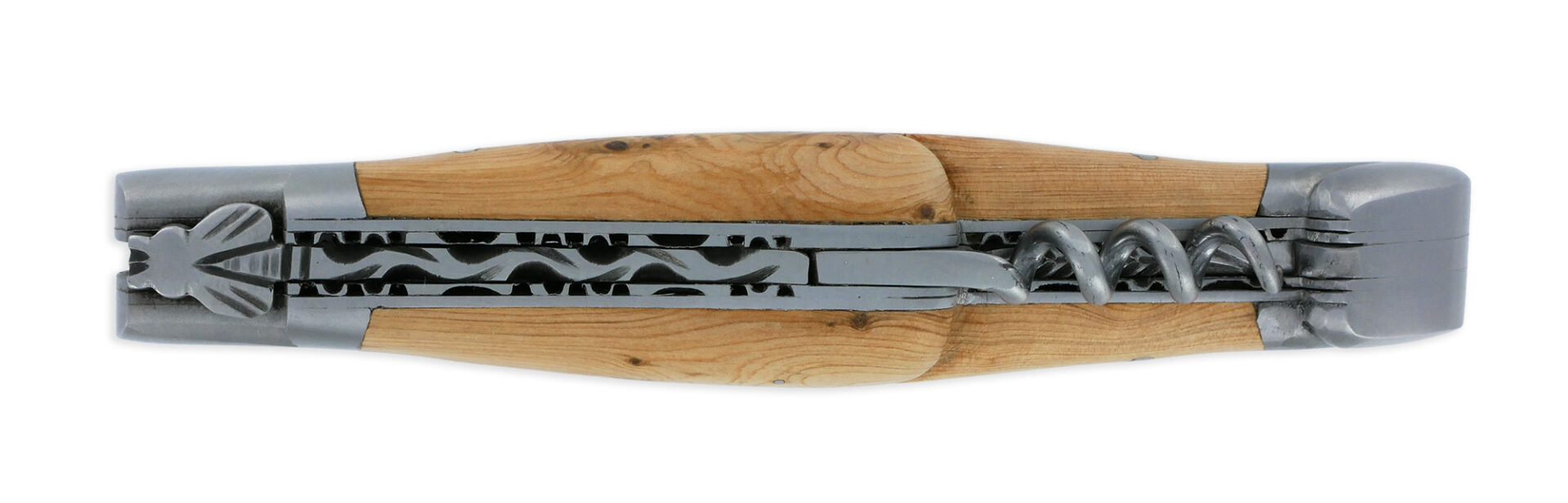 Couteau Laguiole en Aubrac 2 pièces 12cm avec Tire Bouchon Manche Genevrier 2 Mitres Inox Brossé Double Platines