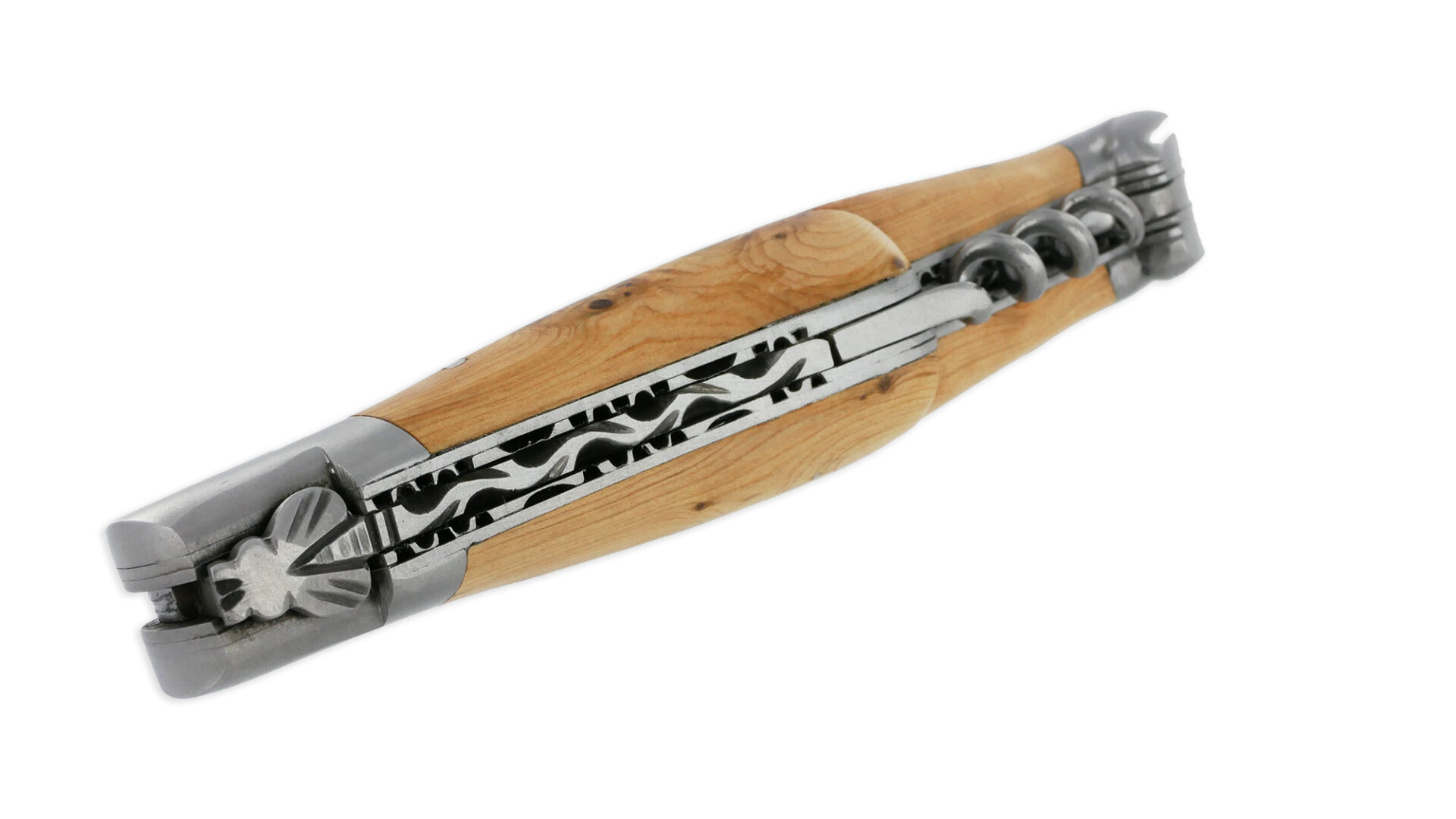 Couteau Laguiole en Aubrac 2 pièces 12cm avec Tire Bouchon Manche Genevrier 2 Mitres Inox Brossé Double Platines