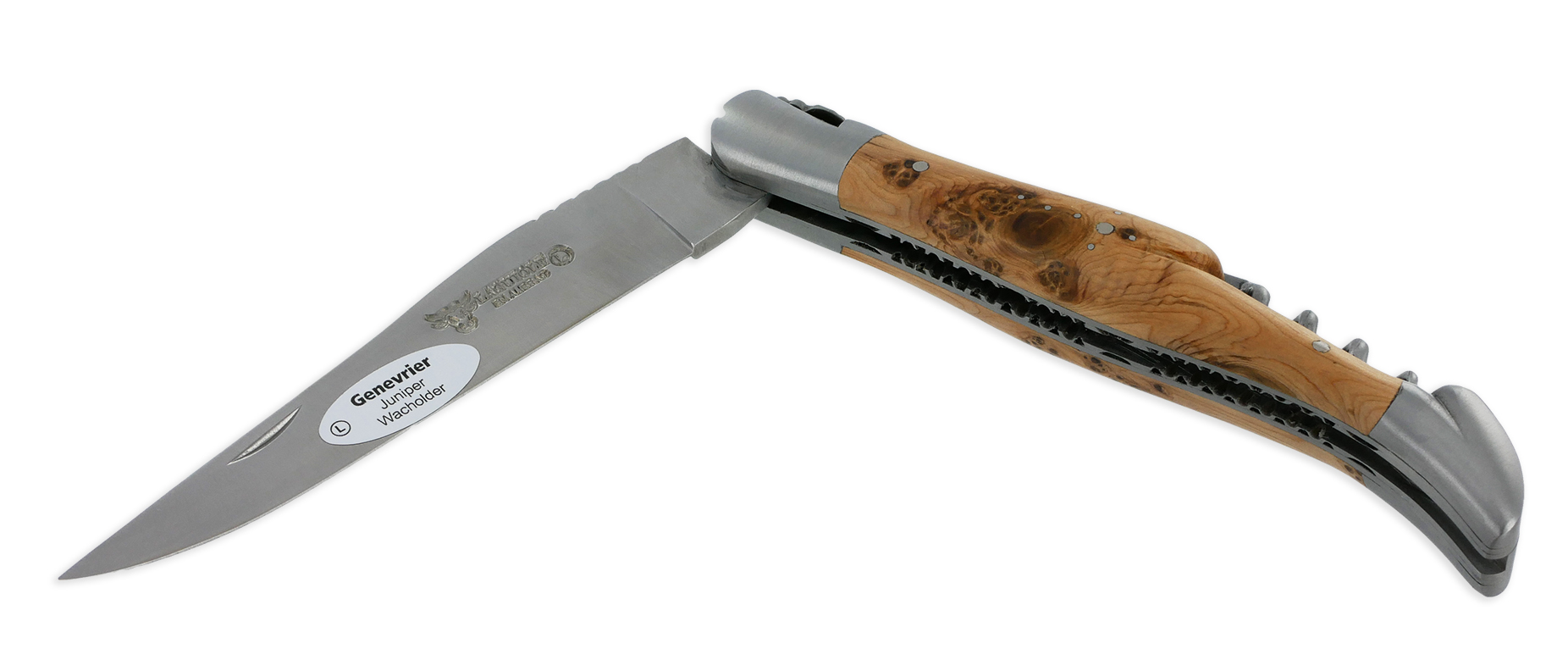 Couteau Laguiole en Aubrac 2 pièces 12cm avec Tire Bouchon Manche Genevrier 2 Mitres Inox Brossé Double Platines