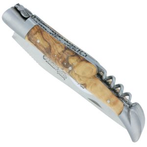 Couteau Laguiole en Aubrac 2 pièces 12cm avec Tire Bouchon Manche Olivier 2 Mitres Inox Brossé Double Platines