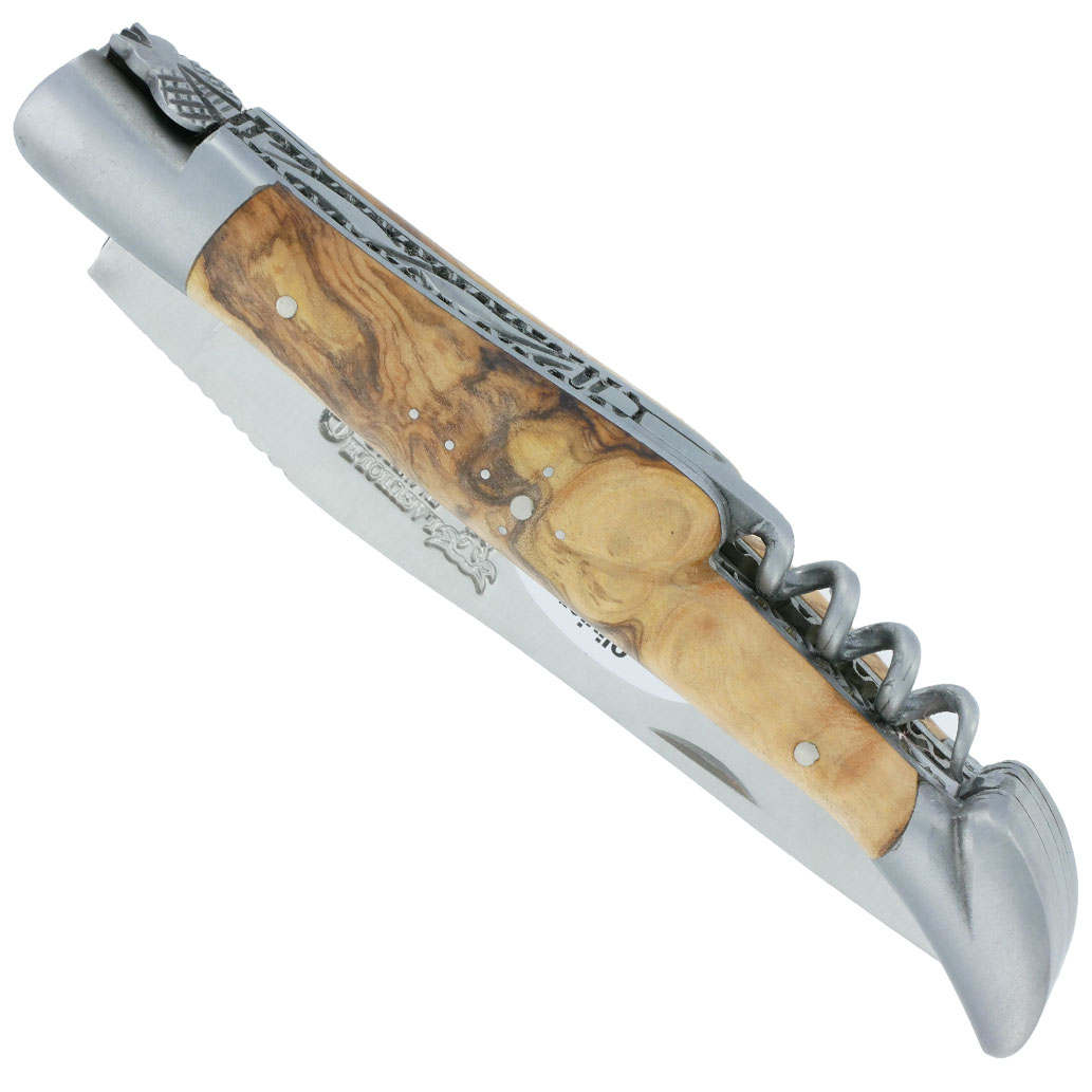 Couteau Laguiole en Aubrac 2 pièces 12cm avec Tire Bouchon Manche Olivier 2 Mitres Inox Brossé Double Platines