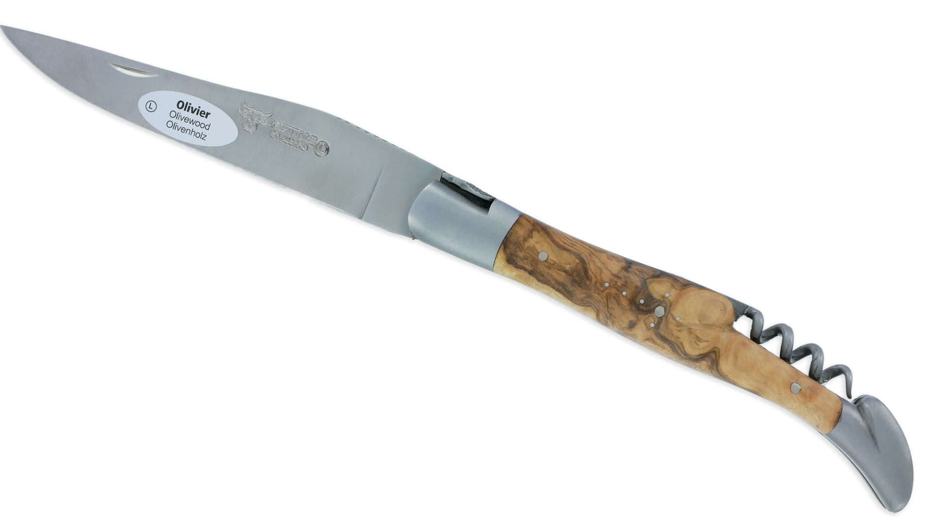 Couteau Laguiole en Aubrac 2 pièces 12cm avec Tire Bouchon Manche Olivier 2 Mitres Inox Brossé Double Platines