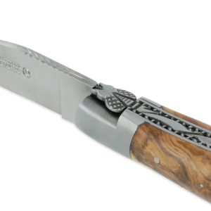Couteau Laguiole en Aubrac 2 pièces 12cm avec Tire Bouchon Manche Olivier 2 Mitres Inox Brossé Double Platines
