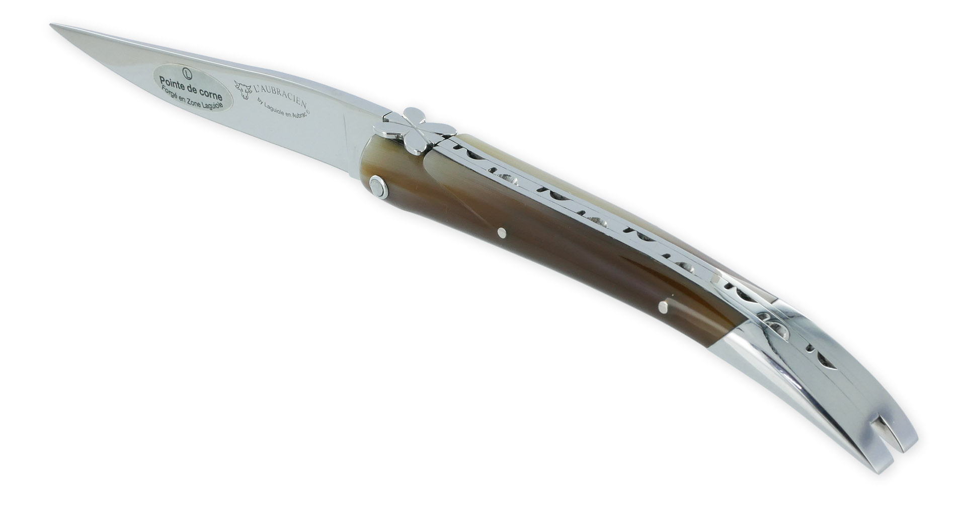 Couteau Laguiole en Aubrac L'Aubracien 1 Pièce 12 cm Pointe de Corne 1 Mitre Inox Brillant Mouche Fleur de l'Aubrac