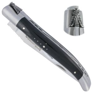 Laguiole en Aubrac knife L'Elégant 1 piece 12cm Ebony handle 2 brushed stainless steel Bolsters Carved Spring Foliage Prestige Fly