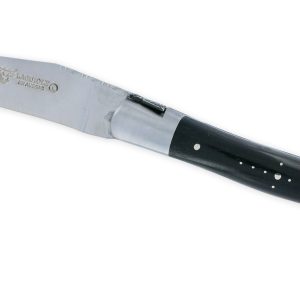 Couteau Laguiole en Aubrac L’Elégant 1 pièce 12cm Manche Ebène 2 Mitres Inox Brossé Ressort guilloché feuillage Mouche Prestige