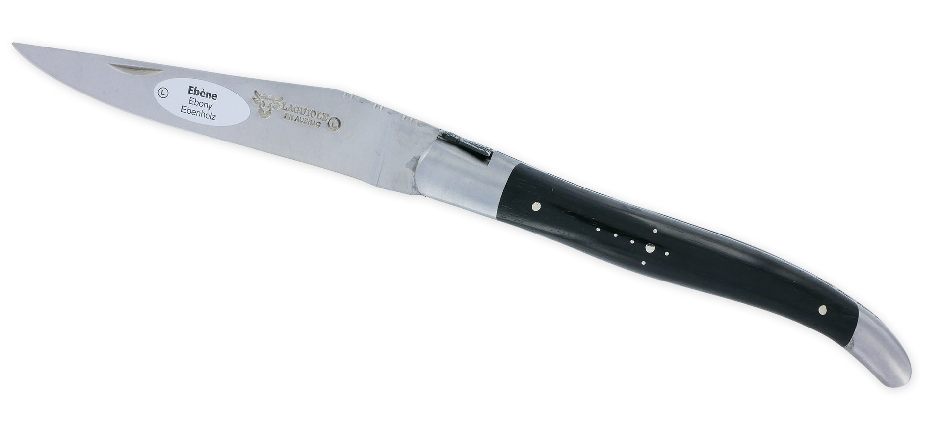 Couteau Laguiole en Aubrac L’Elégant 1 pièce 12cm Manche Ebène 2 Mitres Inox Brossé Ressort guilloché feuillage Mouche Prestige
