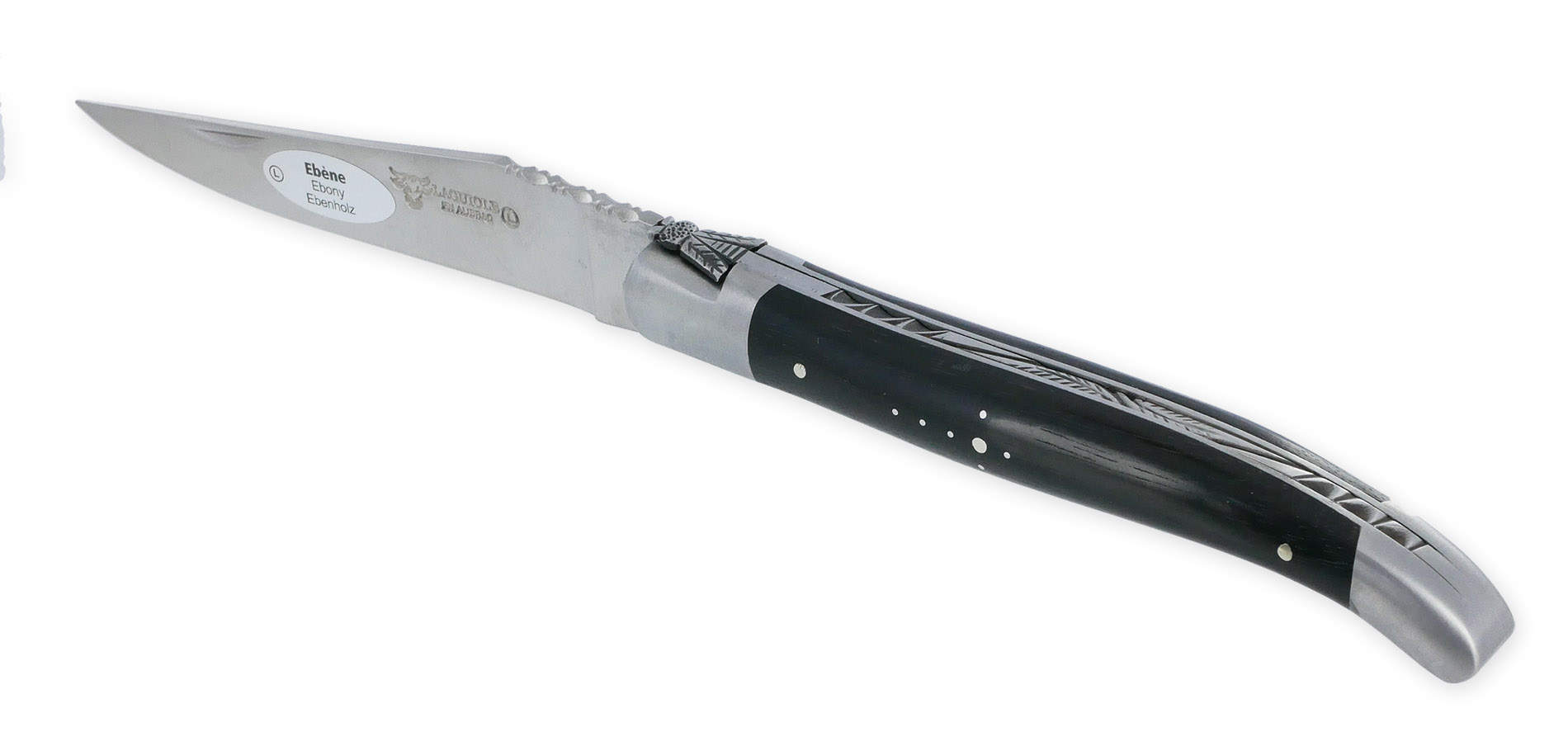 Couteau Laguiole en Aubrac L’Elégant 1 pièce 12cm Manche Ebène 2 Mitres Inox Brossé Ressort guilloché feuillage Mouche Prestige