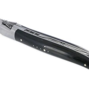Couteau Laguiole en Aubrac L’Elégant 1 pièce 12cm Manche Ebène 2 Mitres Inox Brossé Ressort guilloché feuillage Mouche Prestige