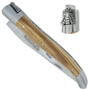 Couteau Laguiole en Aubrac L'Elégant 1 pièce 12cm Manche Olivier 2 Mitres Inox Brossé Ressort guilloché feuillage Mouche Prestige