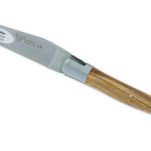 Couteau Laguiole en Aubrac L'Elégant 1 pièce 12cm Manche Olivier 2 Mitres Inox Brossé Ressort guilloché feuillage Mouche Prestige