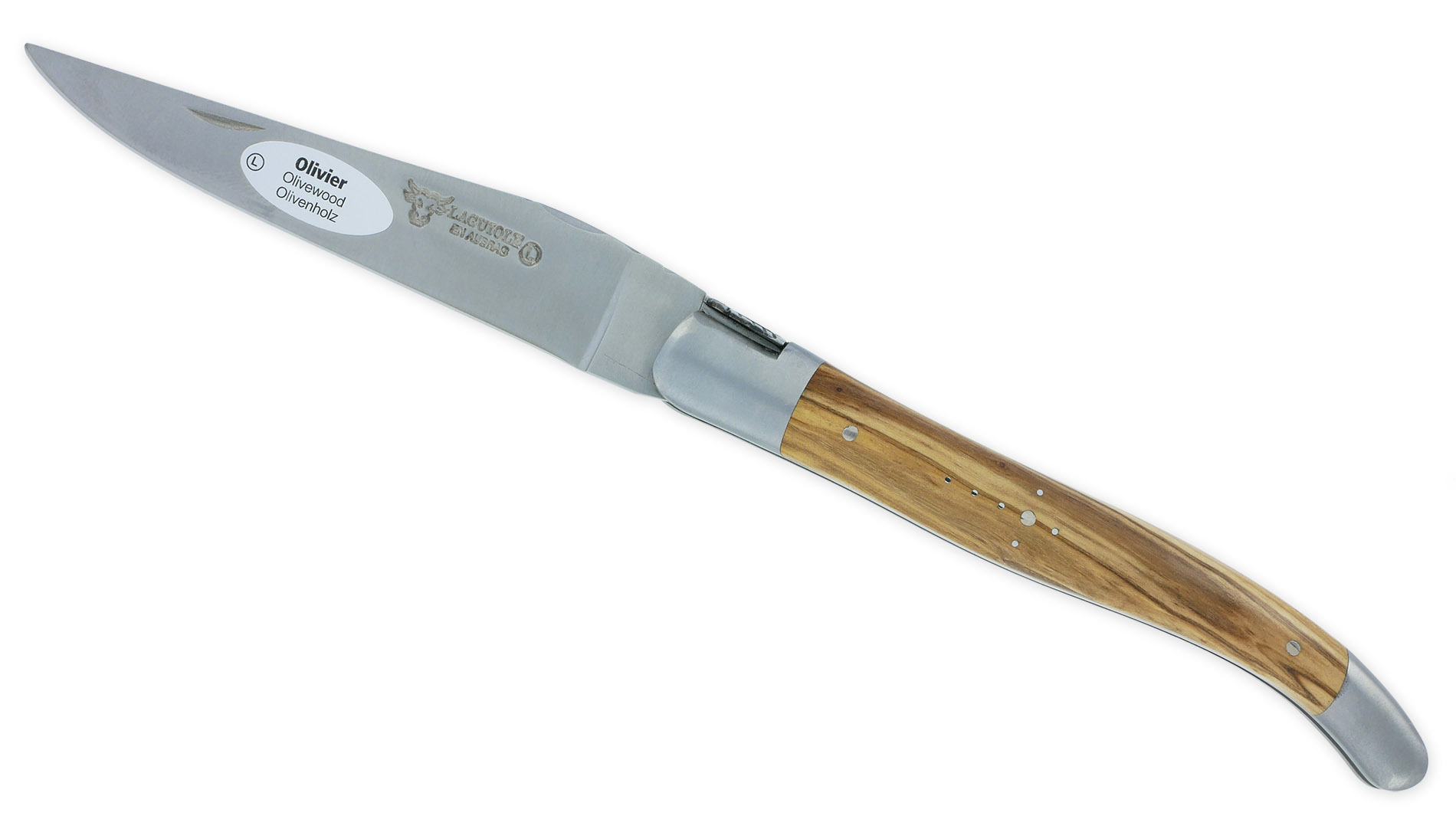 Couteau Laguiole en Aubrac L'Elégant 1 pièce 12cm Manche Olivier 2 Mitres Inox Brossé Ressort guilloché feuillage Mouche Prestige