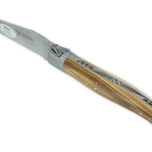 Couteau Laguiole en Aubrac L'Elégant 1 pièce 12cm Manche Olivier 2 Mitres Inox Brossé Ressort guilloché feuillage Mouche Prestige