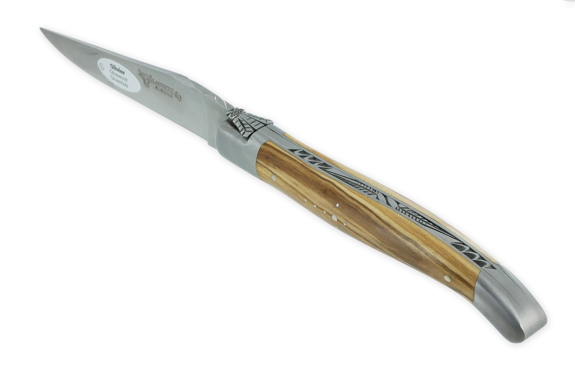 Couteau Laguiole en Aubrac L'Elégant 1 pièce 12cm Manche Olivier 2 Mitres Inox Brossé Ressort guilloché feuillage Mouche Prestige