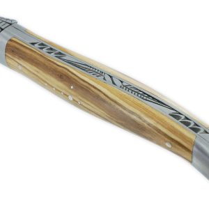 Couteau Laguiole en Aubrac L'Elégant 1 pièce 12cm Manche Olivier 2 Mitres Inox Brossé Ressort guilloché feuillage Mouche Prestige