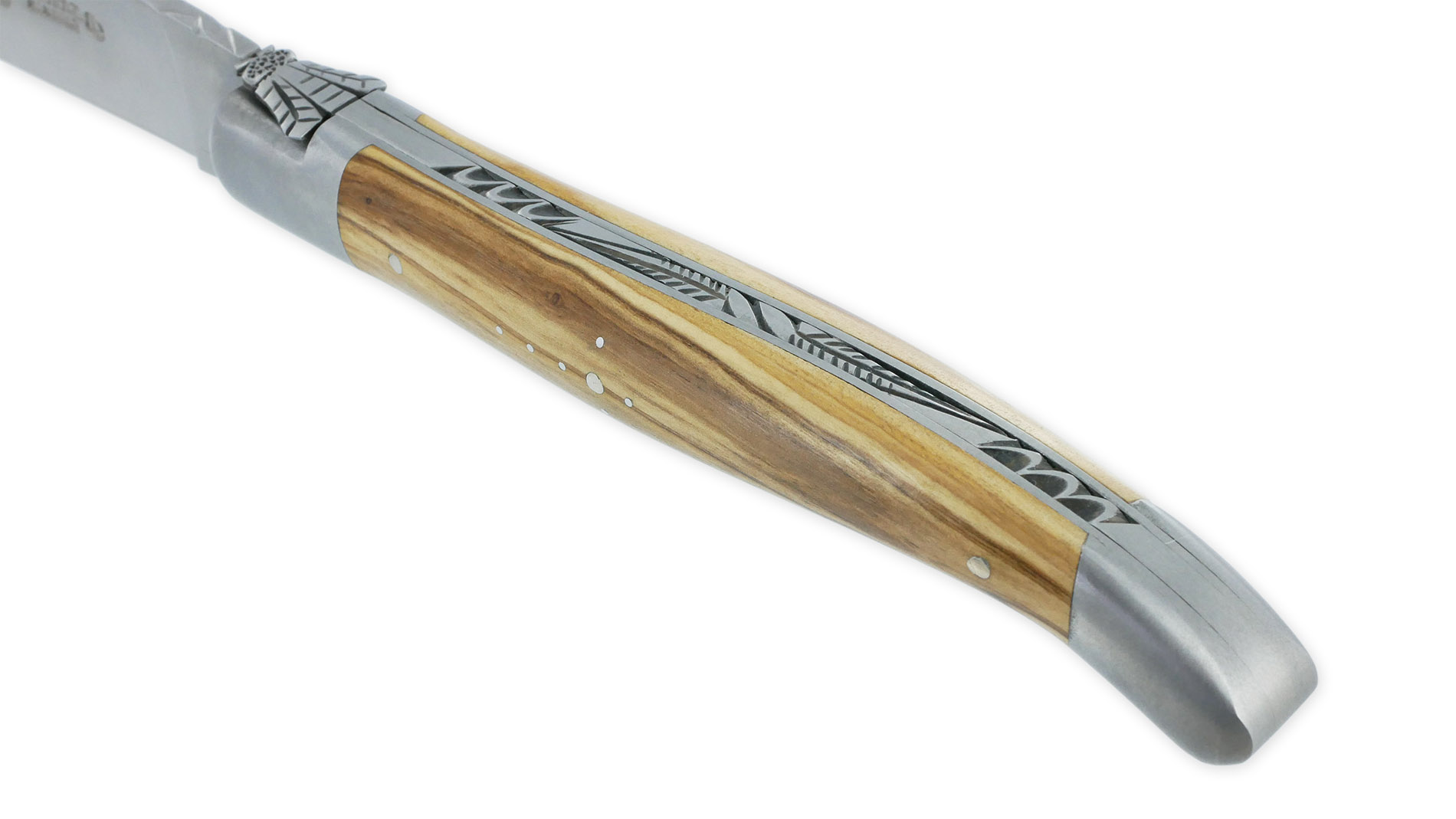 Couteau Laguiole en Aubrac L'Elégant 1 pièce 12cm Manche Olivier 2 Mitres Inox Brossé Ressort guilloché feuillage Mouche Prestige