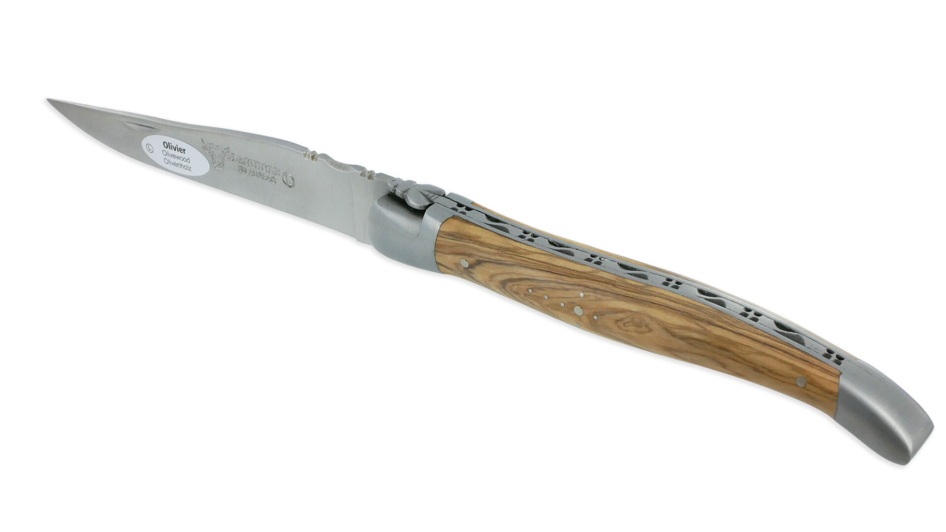 Couteau Laguiole en Aubrac Grande Taille 1 Pièce 13 cm Manche en Olivier 2 Mitres Inox Brossé