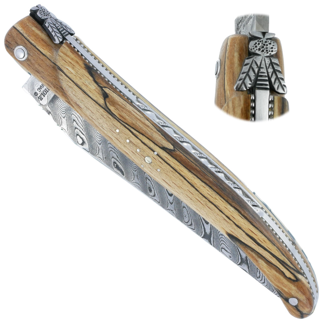 Couteau Laguiole en Aubrac "Le Perlé" 1 pièce 12cm Plein Manche en Bois d'Aubrac Platines Perlées Ressort Guilloché Lame Damas Balbach Mouche Prestige N°12