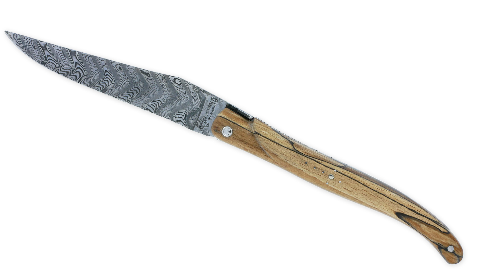 Couteau Laguiole en Aubrac "Le Perlé" 1 pièce 12cm Plein Manche en Bois d'Aubrac Platines Perlées Ressort Guilloché Lame Damas Balbach Mouche Prestige N°12
