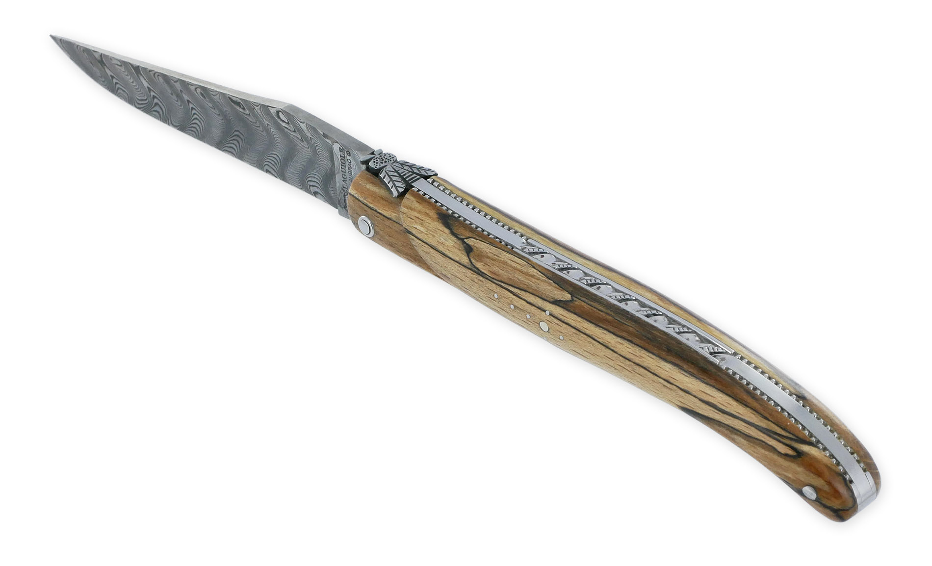 Couteau Laguiole en Aubrac "Le Perlé" 1 pièce 12cm Plein Manche en Bois d'Aubrac Platines Perlées Ressort Guilloché Lame Damas Balbach Mouche Prestige N°12