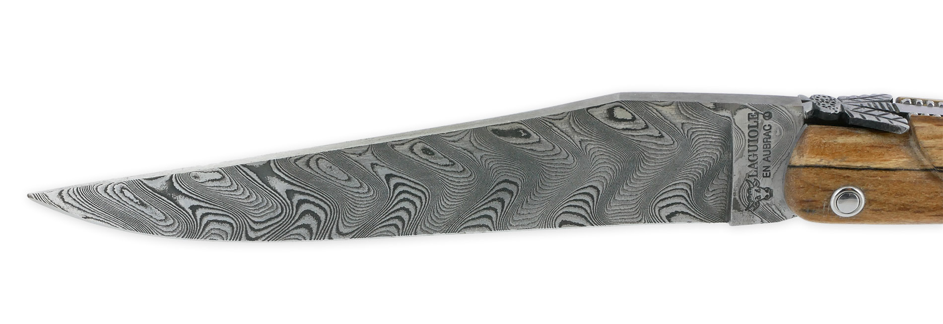Couteau Laguiole en Aubrac "Le Perlé" 1 pièce 12cm Plein Manche en Bois d'Aubrac Platines Perlées Ressort Guilloché Lame Damas Balbach Mouche Prestige N°12