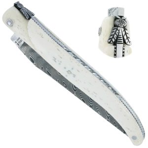 Couteau Laguiole en Aubrac “Le Perlé” 1 pièce 12cm Plein Manche Os Platines Perlées Ressort Guilloché Lame Damas Balbach Mouche Prestige N°12