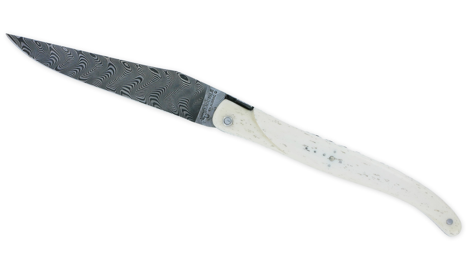 Couteau Laguiole en Aubrac “Le Perlé” 1 pièce 12cm Plein Manche Os Platines Perlées Ressort Guilloché Lame Damas Balbach Mouche Prestige N°12