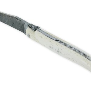 Couteau Laguiole en Aubrac “Le Perlé” 1 pièce 12cm Plein Manche Os Platines Perlées Ressort Guilloché Lame Damas Balbach Mouche Prestige N°12